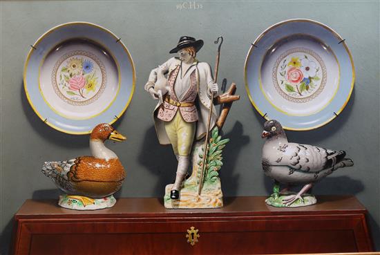 Clifford Harrison (20th C.) Strasbourg faience tureens and Bristol goatherd 23.5 x 36in.